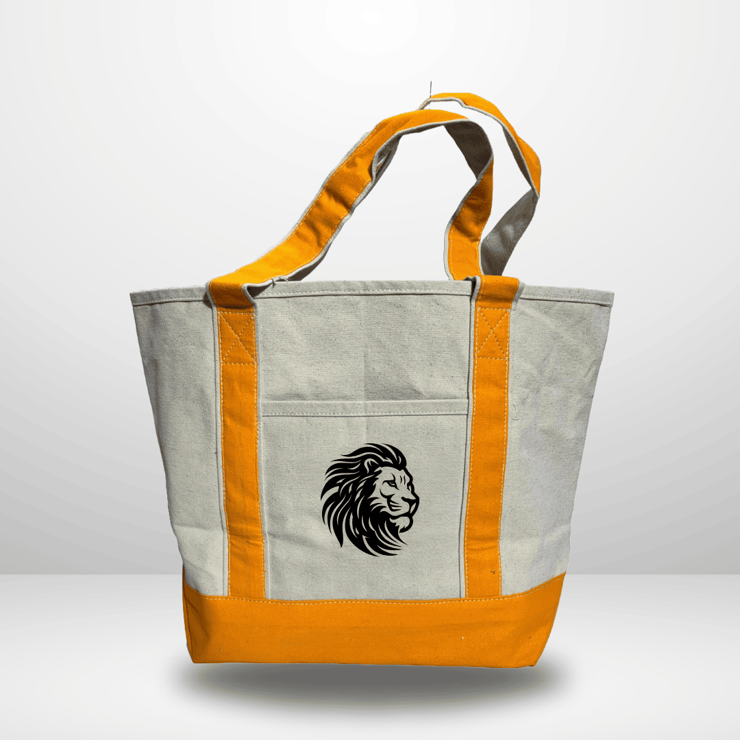 Bold Lion Canvas Tote with Orange Trim